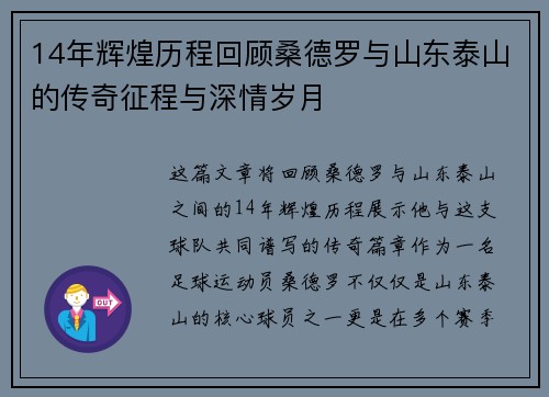 14年辉煌历程回顾桑德罗与山东泰山的传奇征程与深情岁月