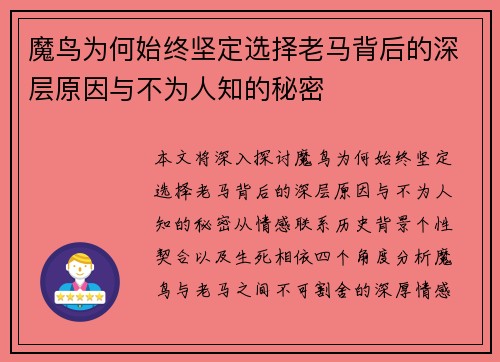 魔鸟为何始终坚定选择老马背后的深层原因与不为人知的秘密 魔鸟为何始终坚定选择老马背后的深层原因与不为人知的秘密