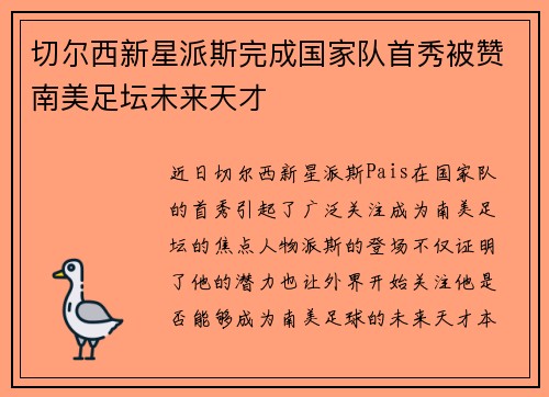 切尔西新星派斯完成国家队首秀被赞南美足坛未来天才